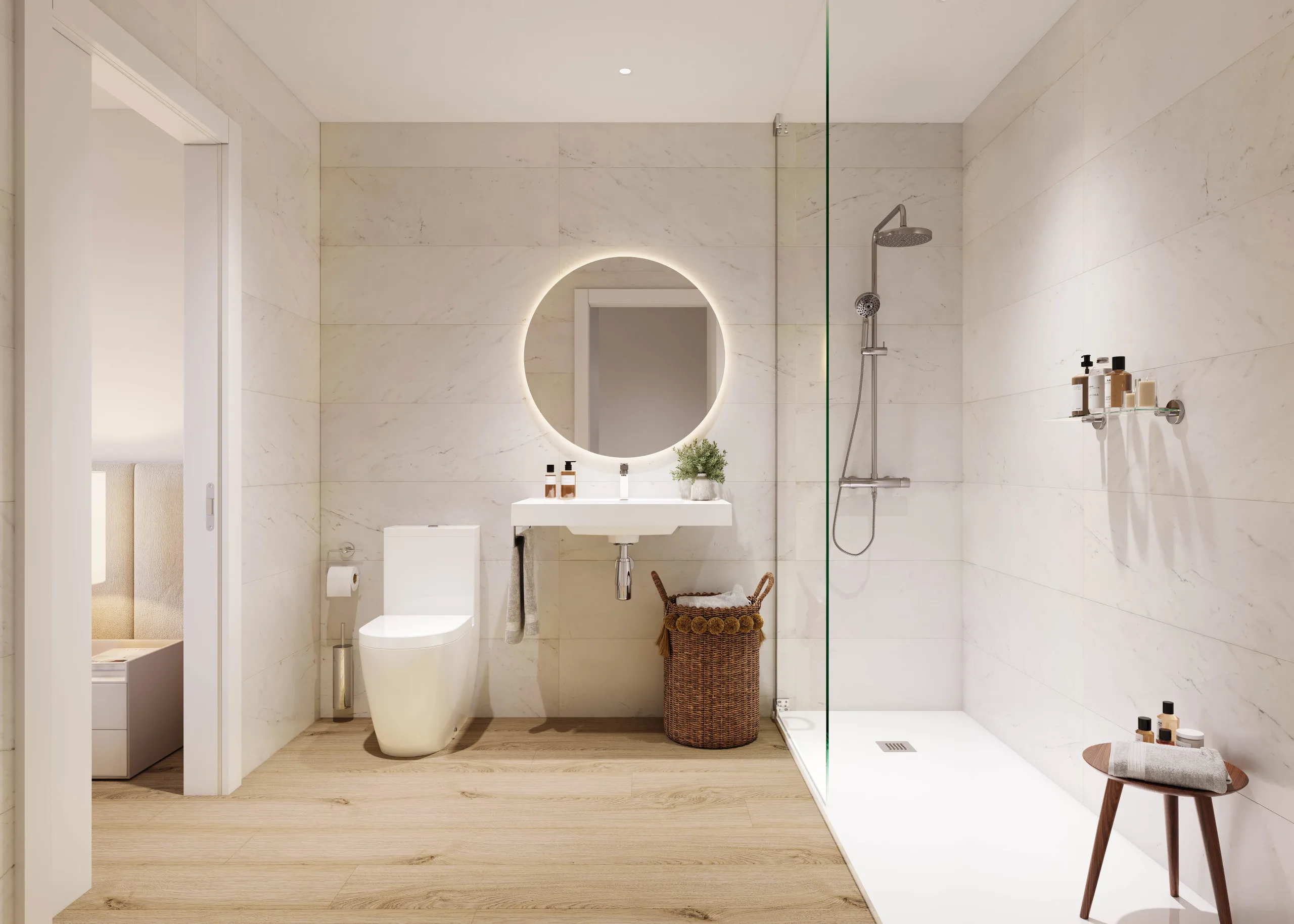 Porcelanosa_MiradordoAvio_BanoP_LINKFLOOR TOWN NATURAL 22,8X180X0,55CM + RIVOLI 33,3X100CM
